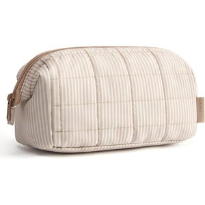 image:imageBAGSMART Makeup Bag Travel Toiletry Bag Puffy Padded Make Up Bags for Women Makeup Organizer Case Wideopen Pouch Purse Travel Essentials Toiletries Accessories Brushes Apricot Pink10Cream Striped
