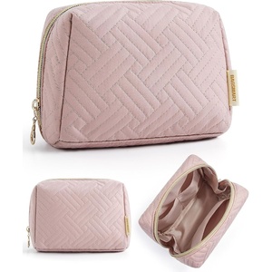 image:imageBAGSMART Puffy Makeup Bag Wide Opening Cosmetic Organizer Soft WaterResistant Travel Toiletry Pouch for Women for Purse Compact amp Spacious01Pink