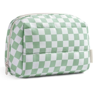 image:imageBAGSMART Puffy Makeup Bag Wide Opening Cosmetic Organizer Soft WaterResistant Travel Toiletry Pouch for Women for Purse Compact amp Spacious02Green checkered