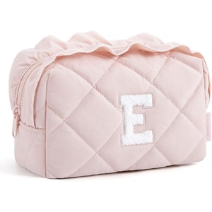 image:imageBAGSMART Puffy Makeup Bag Wide Opening Cosmetic Organizer Soft WaterResistant Travel Toiletry Pouch for Women for Purse Compact amp Spacious03InitialEPink
