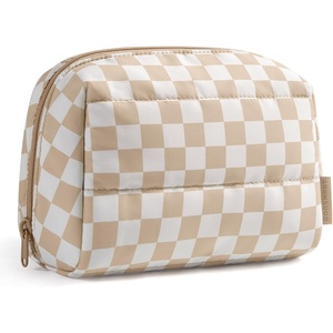 image:imageBAGSMART Puffy Makeup Bag Wide Opening Cosmetic Organizer Soft WaterResistant Travel Toiletry Pouch for Women for Purse Compact amp SpaciousKhaki Checkered