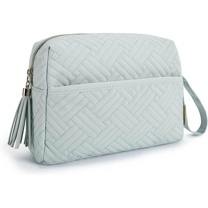 image:imageBAGSMART Puffy Makeup Bag Wide Opening Cosmetic Organizer Soft WaterResistant Travel Toiletry Pouch for Women for Purse Compact amp SpaciousLight Blue