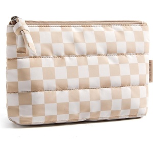 image:imageBAGSMART Small Makeup Bag Elegant Cosmetic Pouch with Tassel Soft WaterResistant Travel Organizer for Women Cosmetics amp Everyday Essentials PinkKhaki Checkerboard