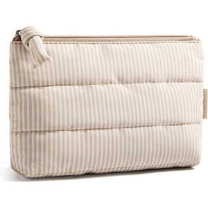 image:imageBAGSMART Small Makeup Bag Elegant Cosmetic Pouch with Tassel Soft WaterResistant Travel Organizer for Women Cosmetics amp Everyday Essentials PinkKhaki Stripe