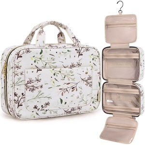image:imageBAGSMART Toiletry Bag Travel Bag with Hanging Hook Waterresistant Makeup Cosmetic Bag Travel Organizer for Accessories Shampoo Fullsize Container Toiletries Black MediumBeige Ditsy Floral