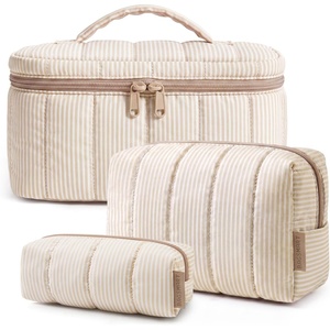 image:imageBAGSMART Travel Makeup Bag 2Piece Puffy Quilted Cute Make Up Bag Cosmetic Bags for Women Large WideOpen Toiletry Pouch Gifts for Toiletries Accessories Travelling Essentials Checkered Khaki06Khaki Stripe