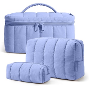 image:imageBAGSMART Travel Makeup Bag 2Piece Puffy Quilted Cute Make Up Bag Cosmetic Bags for Women Large WideOpen Toiletry Pouch Gifts for Toiletries Accessories Travelling Essentials Checkered Khaki05Lavender Purple