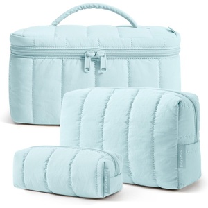 image:imageBAGSMART Travel Makeup Bag 2Piece Puffy Quilted Cute Make Up Bag Cosmetic Bags for Women Large WideOpen Toiletry Pouch Gifts for Toiletries Accessories Travelling Essentials Checkered Khaki06Glacier Blue