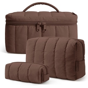 image:imageBAGSMART Travel Makeup Bag 2Piece Puffy Quilted Cute Make Up Bag Cosmetic Bags for Women Large WideOpen Toiletry Pouch Gifts for Toiletries Accessories Travelling Essentials Checkered Khaki05Chocolate Brown