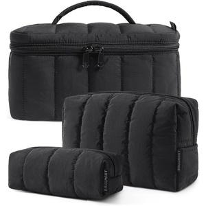 image:imageBAGSMART Travel Makeup Bag 2Piece Puffy Quilted Cute Make Up Bag Cosmetic Bags for Women Large WideOpen Toiletry Pouch Gifts for Toiletries Accessories Travelling Essentials Checkered Khaki01Classic Black