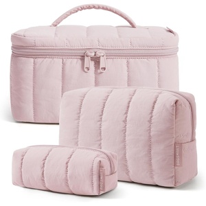 image:imageBAGSMART Travel Makeup Bag 2Piece Puffy Quilted Cute Make Up Bag Cosmetic Bags for Women Large WideOpen Toiletry Pouch Gifts for Toiletries Accessories Travelling Essentials Checkered Khaki03Pink