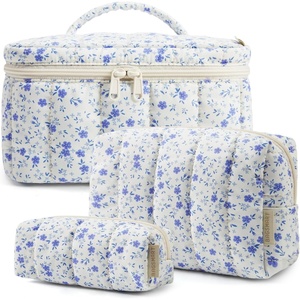image:imageBAGSMART Travel Makeup Bag 2Piece Puffy Quilted Cute Make Up Bag Cosmetic Bags for Women Large WideOpen Toiletry Pouch Gifts for Toiletries Accessories Travelling Essentials Checkered Khaki06Blue Ditsy Floral