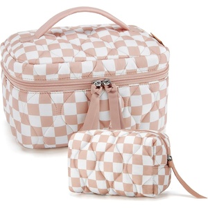 image:imageBAGSMART Travel Makeup Bag 2Piece Puffy Quilted Cute Make Up Bag Cosmetic Bags for Women Large WideOpen Toiletry Pouch Gifts for Toiletries Accessories Travelling Essentials Checkered KhakiCheckered Khaki 2 Pcs