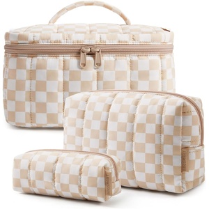 image:imageBAGSMART Travel Makeup Bag 2Piece Puffy Quilted Cute Make Up Bag Cosmetic Bags for Women Large WideOpen Toiletry Pouch Gifts for Toiletries Accessories Travelling Essentials Checkered Khaki06Cream  White Check
