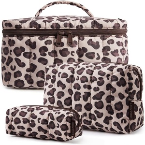 image:imageBAGSMART Travel Makeup Bag 2Piece Puffy Quilted Cute Make Up Bag Cosmetic Bags for Women Large WideOpen Toiletry Pouch Gifts for Toiletries Accessories Travelling Essentials Checkered Khaki04Leopard Print