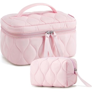 image:imageBAGSMART Travel Makeup Bag 2Piece Puffy Quilted Cute Make Up Bag Cosmetic Bags for Women Large WideOpen Toiletry Pouch Gifts for Toiletries Accessories Travelling Essentials Pink