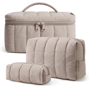image:imageBAGSMART Travel Makeup Bag 2Piece Puffy Quilted Cute Make Up Bag Cosmetic Bags for Women Large WideOpen Toiletry Pouch Gifts for Toiletries Accessories Travelling Essentials Checkered Khaki02Camel