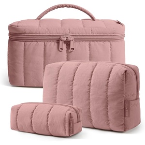 image:imageBAGSMART Travel Makeup Bag 2Piece Puffy Quilted Cute Make Up Bag Cosmetic Bags for Women Large WideOpen Toiletry Pouch Gifts for Toiletries Accessories Travelling Essentials Checkered Khaki05Dusty Rose