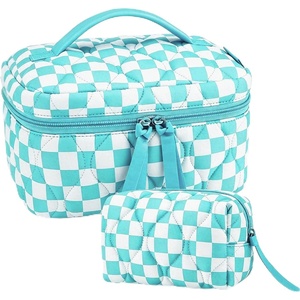 image:imageBAGSMART Travel Makeup Bag 2Piece Puffy Quilted Cute Make Up Bag Cosmetic Bags for Women Large WideOpen Toiletry Pouch Gifts for Toiletries Accessories Travelling Essentials Checkered KhakiCheckered Blue 2 Pcs