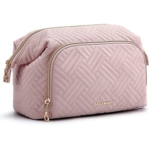 image:imageBAGSMART Travel Makeup Bag Cosmetic Bag Small Make Up Organizer CaseWideopen Pouch for Women Purse for Toiletries Accessories BrushesLarge BeigeA1 Layer Pink