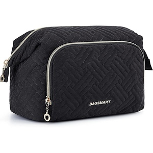 image:imageBAGSMART Travel Makeup Bag Cosmetic Bag Small Make Up Organizer CaseWideopen Pouch for Women Purse for Toiletries Accessories BrushesLarge BeigeC1 Layer Black