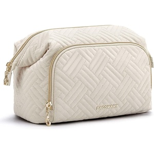 image:imageBAGSMART Travel Makeup Bag Cosmetic Bag Small Make Up Organizer CaseWideopen Pouch for Women Purse for Toiletries Accessories BrushesLarge BeigeD1 Layer Beige