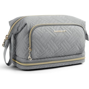 image:imageBAGSMART Travel Makeup Bag Cosmetic Bag Small Make Up Organizer CaseWideopen Pouch for Women Purse for Toiletries Accessories BrushesLarge BeigeP2 Layers Grey
