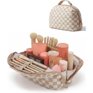 image:imageBAGSMART Travel Makeup Bag for Women Portable Folddown Cosmetic Case Puffy Padded Make Up Organizer Pouch Waterresistant Toiletry Bag for Toiletries Brushes Baby PinkKhaki Brown checkered Print