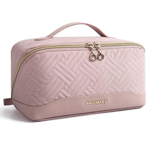 image:imageBAGSMART Travel Makeup Bag for Women Portable Waterresistant Cosmetic Case Puffy Padded Make Up Organizer Pouch Open Flat Toiletry Bag for Toiletries Brushes PinkPink