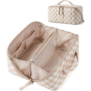 image:imageBAGSMART Travel Makeup Bag for Women Portable Waterresistant Cosmetic Case Puffy Padded Make Up Organizer Pouch Open Flat Toiletry Bag for Toiletries Brushes Pink08Checkred Khaki