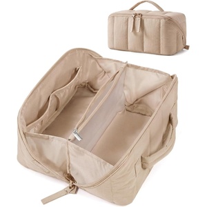 image:imageBAGSMART Travel Makeup Bag for Women Portable Waterresistant Cosmetic Case Puffy Padded Make Up Organizer Pouch Open Flat Toiletry Bag for Toiletries Brushes Pink04Khaki Brown