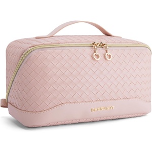 image:imageBAGSMART Travel Makeup Bag for Women Portable Waterresistant Cosmetic Case Puffy Padded Make Up Organizer Pouch Open Flat Toiletry Bag for Toiletries Brushes Pink24APink